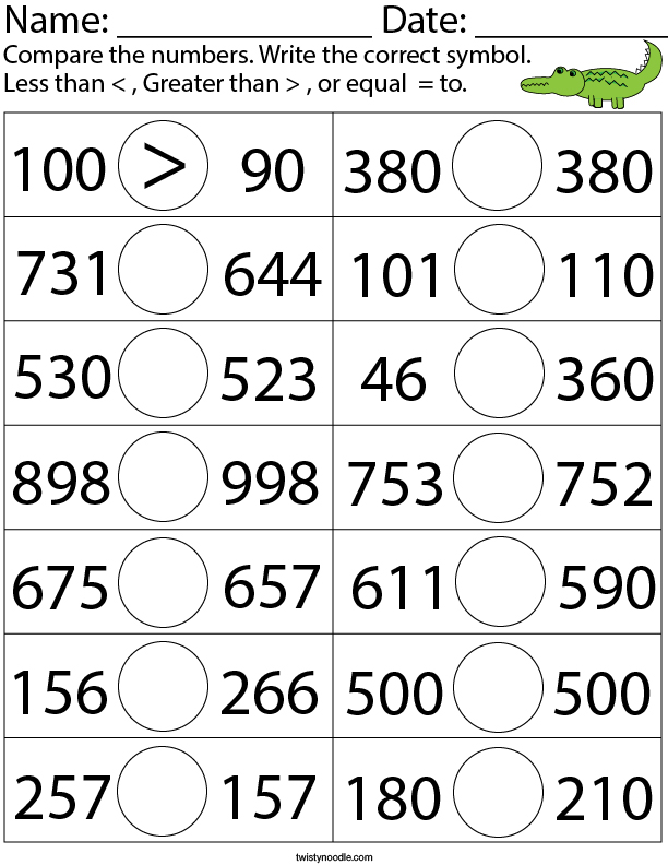 Comparing Three-digit Numbers Math Worksheet - Twisty Noodle